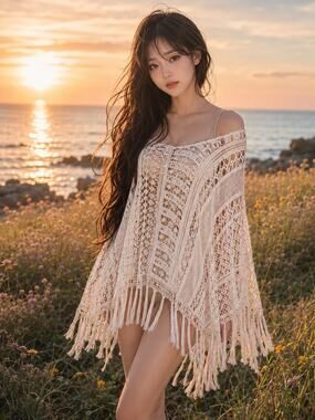 New boutique crochet knit slouchy layering fringed poncho coverup OS